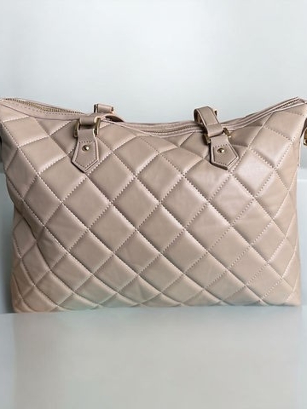 Badgley Mischka Quilted Taupe Tote with Gold Hardware - Picture 4 of 8